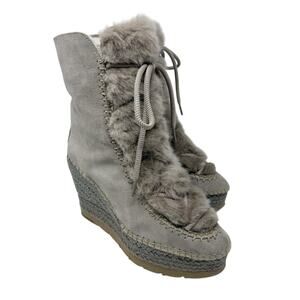 Vidorreta Taupe Suede & Faux Fur Espadrille Boots Size EU 39 Lace Up Wedge Heel